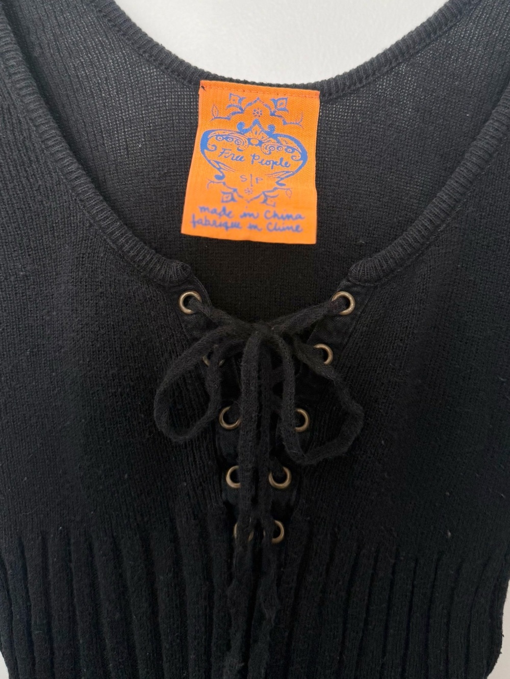 Free People Black Ribbed Lace-Up V-Neck Long Sleeve Top